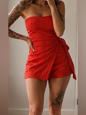 Free people Strapless Red romper playsuit faux wrap mini Dress